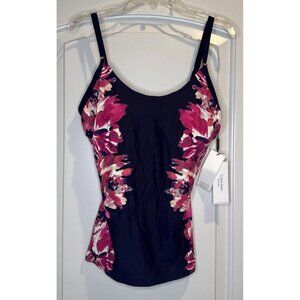 Calvin Klein Navy w/ Pink Floral Print Tankini Top Swimwear Sz M NEW Beach Pool